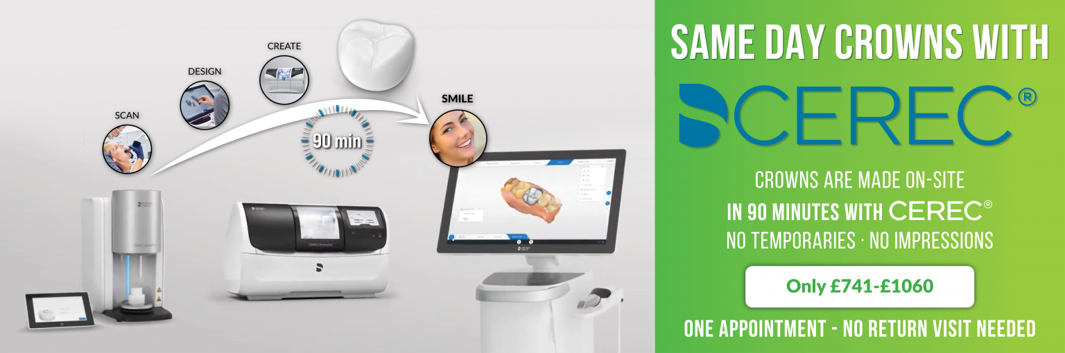 Crowns are made on-site in 90 minutes with CEREC® NO temporaries · no impressions. One appointment - no return visit needed