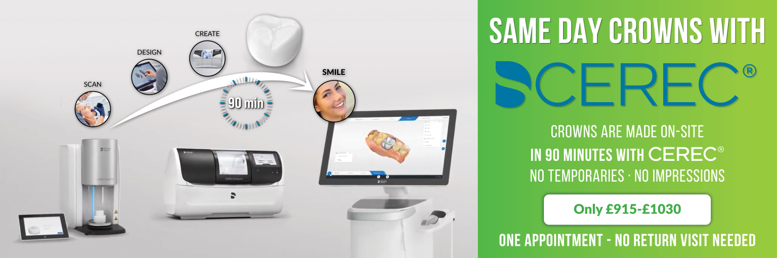 Crowns are made on-site in 90 minutes with CEREC® NO temporaries · no impressions. One appointment - no return visit needed